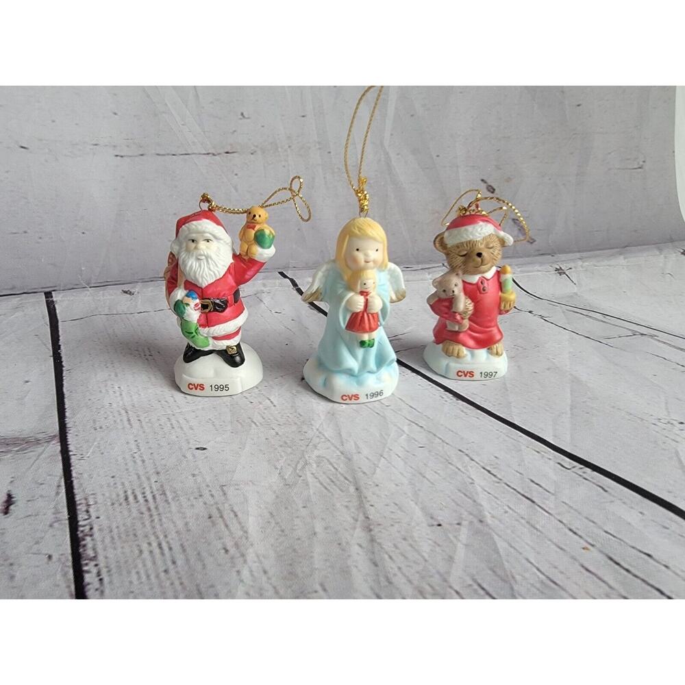 Santa Angel And Teddy Bear Christmas Ornament Set Box Vintage CVS 1995 1996 1997